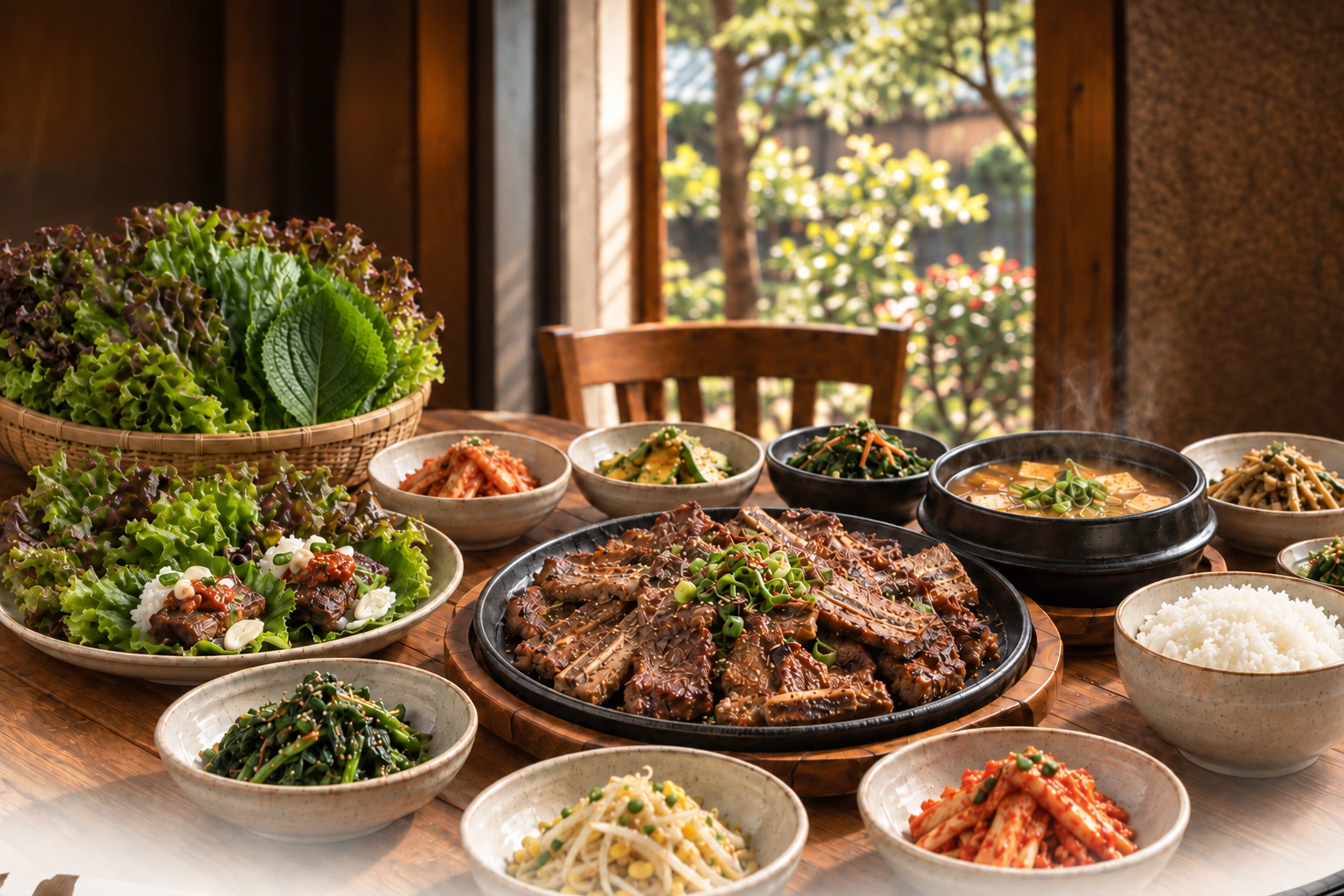 쌈채소에 밥과 고기를 담은 쌈밥, 구운 갈비와 찌개, 나물 반찬으로 차린 태봉국 한 상 콘셉트 이미지